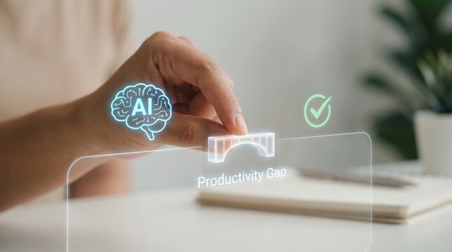 AI productivity gap - Human hand connects AI icon to checkmark, illustrating transition from artificial intelligence to tangible productivity results.