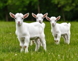 Fototapeta premium cute little goats on a green lawn.