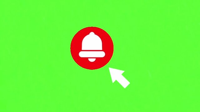 Animated visual illustrating a vibrant red notification bell icon being clicked by a cursor on a solid green screen, symbolizing digital alerts and interactive engagement