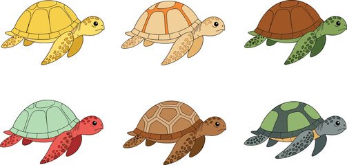 Fototapeta premium Adorable Colorful Cartoon Turtles in Various Patterns and Poses for Kids and Animal Lovers
