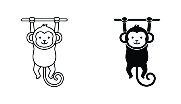 Cute monkey hanging on a bar icon set in black outline and solid black silhouette for playful character design