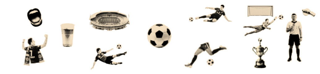 Fototapeta premium Football championship halftone cut outs. Soccer halftone collage elements.