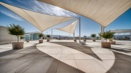 Fototapeta premium Modern Rooftop Terrace with Shade Sails and Minimal Architectural Design