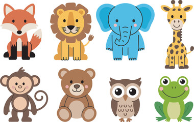Obraz premium Set, of cartoon animals icon collection featuring cute and colorful jungle animals including fox lion elephant giraffe monkey bear owl and frog ideal for kids projects educational materials 