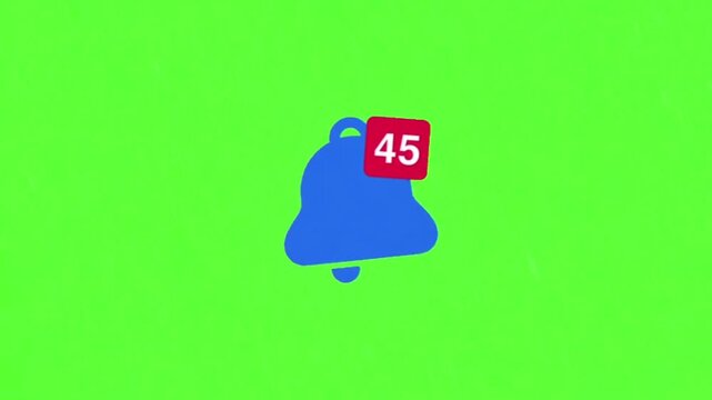 Vibrant blue digital notification bell icon with a red counter displaying forty-five, indicating new alerts, unread messages, and updates for online applications and user interfaces, on a green screen