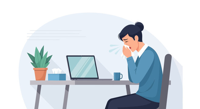 Woman Sneezing at Desk Depicting Illness and Health Issues Within a Professional Setting