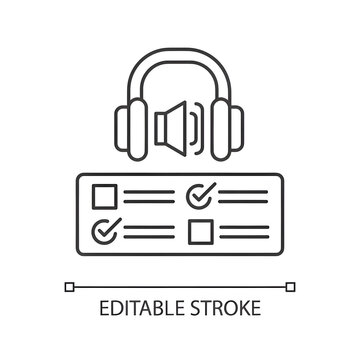 Listening examination pixel perfect linear icon. Comprehension practice tests. Education. Thin line customizable illustration. Contour symbol. Vector isolated outline drawing. Editable stroke