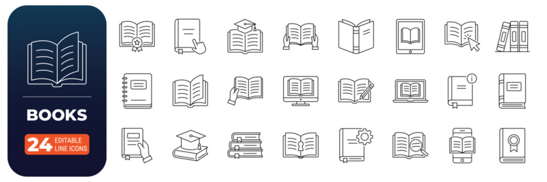 Books line icon set, Editable stroke linear icons for education, library, reading, literature, academic learning and digital study elements, Vector collection