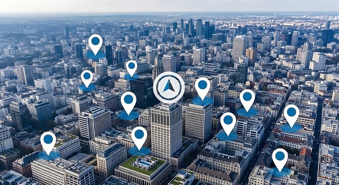 Aerial cityscape with GPS location pins overlay, modern urban navigation concept, futuristic metropolis