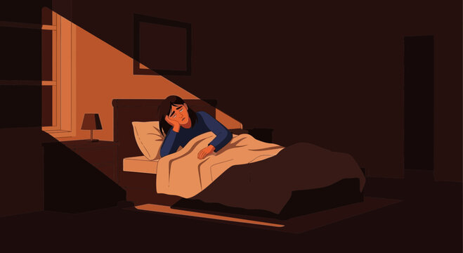 Woman Suffering Anxiety Lying Awake in Bed at Night in Depression and Sadness