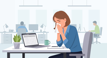Naklejka premium Woman Suffering From a Cold at Work, Feeling Unwell and Using a Tissue