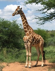 Naklejka premium A giraffe against a background of trees in its natural habitat. Animal of Africa