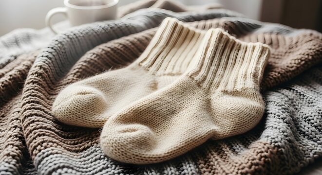 Cozy pair of beige knitted wool socks resting on a soft textured blanket with a cup in the background