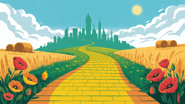 Yellow brick road leading to a city through a field of poppies and wheat