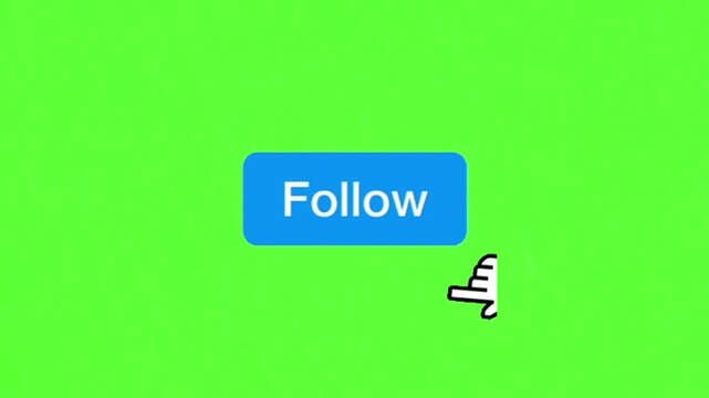 A blue button with the word 'Follow' on a green background, with a cursor pointing to it, suggesting interaction