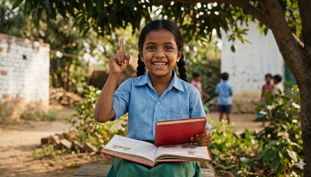 Happy Indian schoolgirl with book raising finger up having new idea in rural outdoor garden