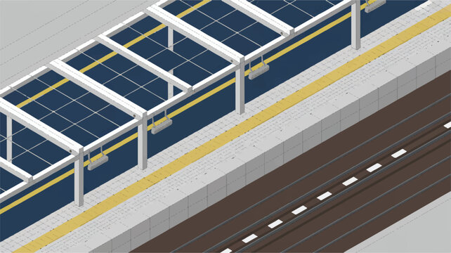 Isometric illustration of solar panels on a train station platform with railway tracks