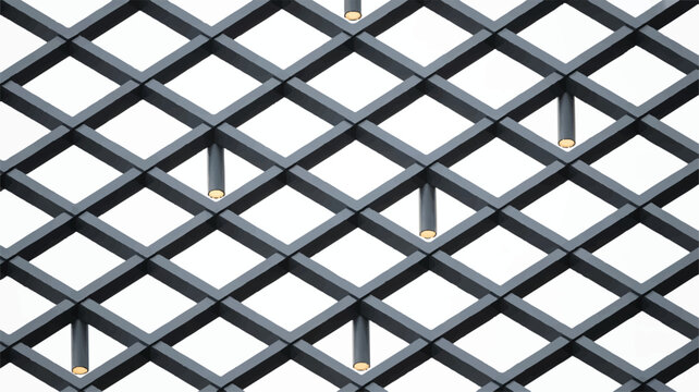 Modern gray metal ceiling lattice with cylindrical lights  architectural details