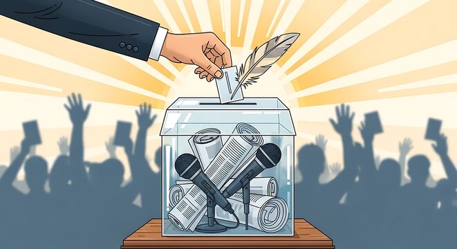 Journalism and freedom of speech concept hand putting a ballot paper with a quill pen into a transparent ballot box filled with microphones and newspapers, with a crowd of people in the background
