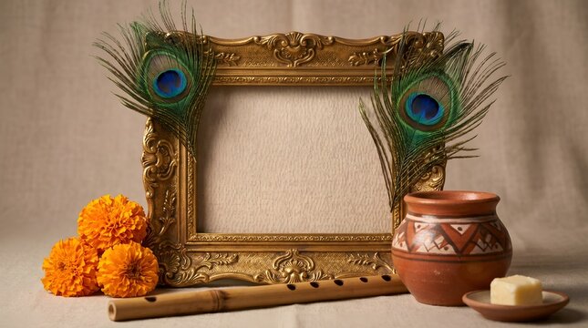 Janmashtami Greetings - Lord Krishna's Flute and Peacock FeatherLord Krishna, Janmashtami, Festival, Greeting, Celebration, Flute, Peacock Feather, Saffron Milk, Indian Culture, Hinduism, Religious, T