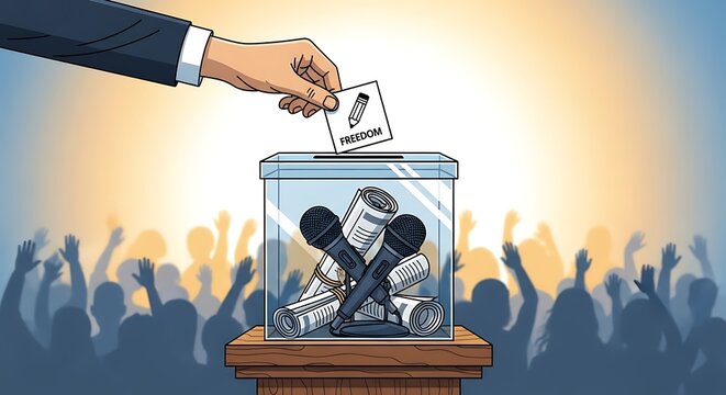A hand casting a vote for freedom of the press, represented by a ballot with a pencil icon being placed into a box containing microphones and rolled newspapers, with a cheering crowd in the background