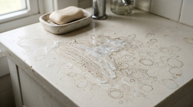 Dirty bathroom sink with limescale soap stains and a bar of hard soap in holder