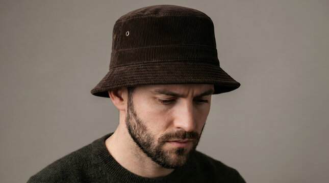 Close-up portrait of a thoughtful man wearing a stylish dark brown corduroy bucket hat, showcasing casual modern fashion and a pensive mood against a clean, neutral background