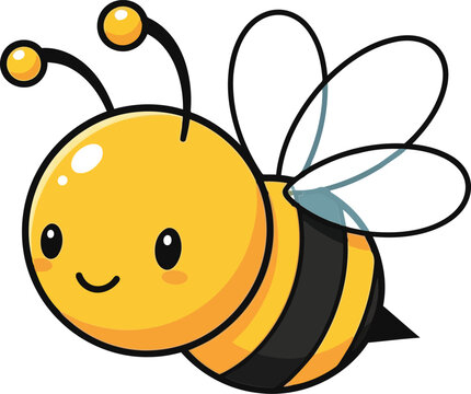 Cute little yellow honey bee flying with a happy smiling face and black stripes for kids book illustration design art