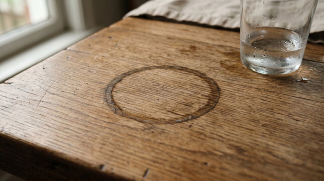 Round wet stain from glass on old wooden table surface in close up interior shot