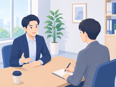 上司と若手社員の1on1面談のフラットイラスト