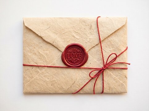 A beige envelope with a red wax seal and string isolated on white background