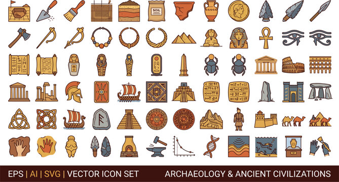 Archaeology and ancient civilizations icon set featuring artifacts tools structures symbols from historical cultures stone age bronze age iron age archaeology civilizations