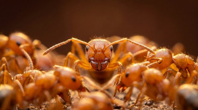Macro shot of a colony of red fire ants crawling on a textured brown surface with a shallow depth of field highlighting the central worker ant head