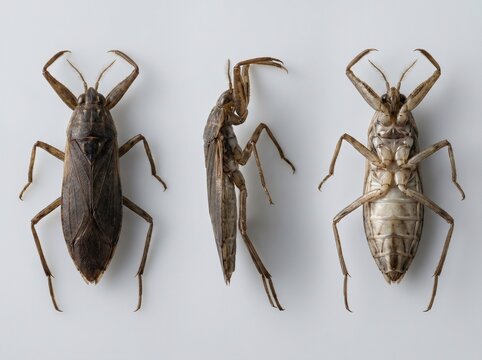 three giant water bug specimens dorsal lateral ventral views entomology display