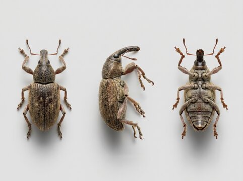 three weevils arranged dorsal lateral ventral views entomology specimen