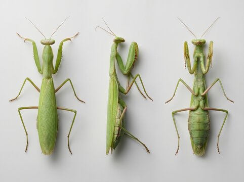 three green praying mantis specimens dorsal side lateral view ventral insect anatomy entomology