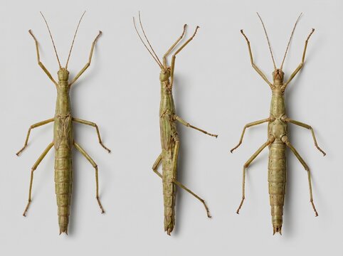 three green stick insects top side view underside entomology specimen
