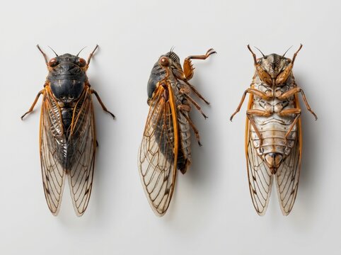 three cicadas dorsal lateral ventral views specimen study entomology taxonomy insect morphology
