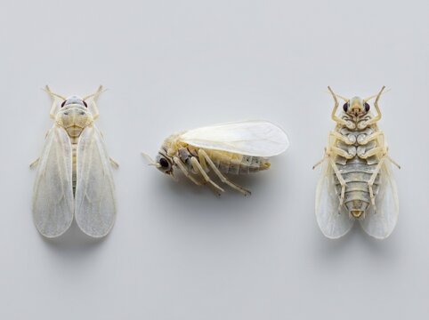 three white leafhopper specimens dorsal lateral ventral views on background entomology