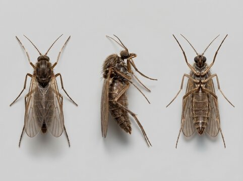 three dead drain flies pinned specimen top side view underside entomology study