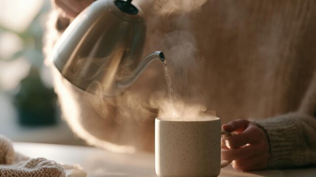 Person's hand holding a white mug with speckles on it. the mug is placed on a wooden table and the person is pouring steam from a silver teapot into it.