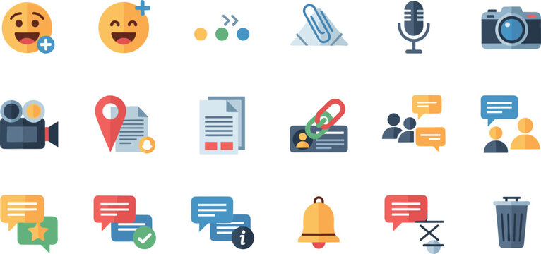 Communication and messaging interface icons set with emoji reactions, attachments, microphone, camera, chat and notification symbols