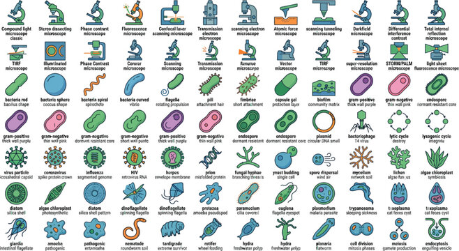 Comprehensive science biology microbiology icons collection. flat vector symbols representing microscopes cells bacteria viruses DNA laboratory research elements with test tube