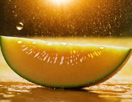 Cut melon, fruit, macro, portrait. Fresh melon with water drops.