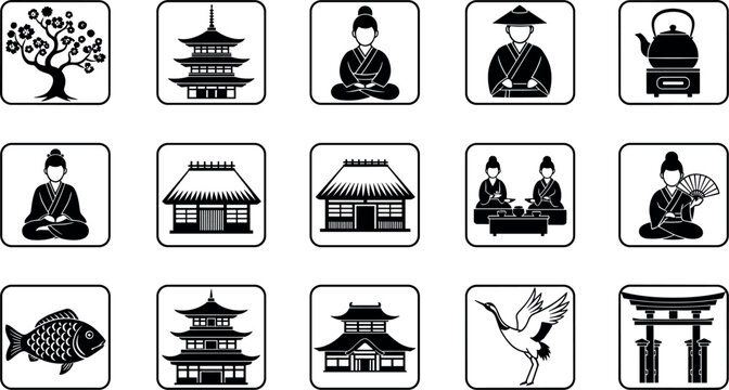 Japanese culture icon set vector illustration featuring temple samurai geisha crane bonsai and traditional Asian symbols