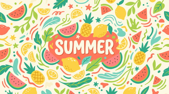 summer fruit tropical background watermelon lemon pineapple hand drawn design