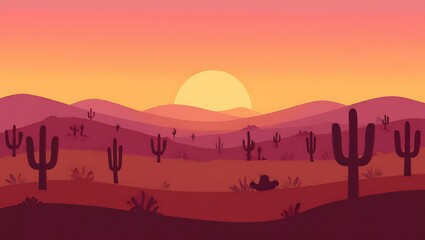 Fototapeta premium Sunset over desert landscape with cacti and mountains creating warm golden light peaceful arid scenery dramatic sky tranquil wilderness environment natural scenic dusk atmosphere view.