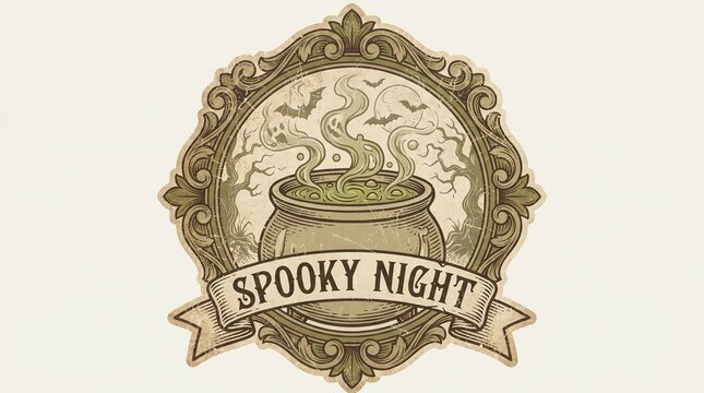 Eerie Halloween cauldron illustration with bubbling green potion, framed by spooky trees and flying bats, set for a mysterious and spooky night