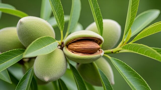 Close-up of a walnut tree with green walnuts and a partially opened walnut shell showing the nut inside in a natural orchard setting