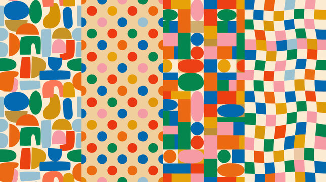Colorful geometric abstract triptych collage featuring rounded rectangles, polka dots, and rainbow checkerboard patterns in vibrant hues